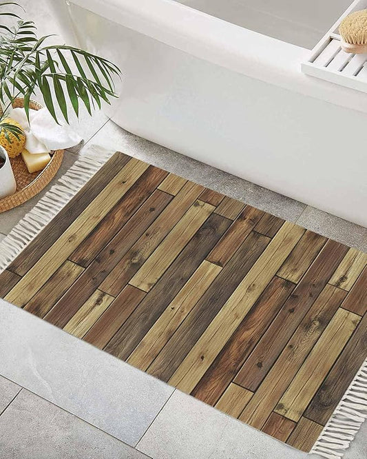 Brown Entryway Rug 2X3 Ft Bathroom Mat, Washable Woven Vintage Country Wooden Grain Throw Carpet with Tassel, Non-Shedding Farmhouse Cabin Retro Plank Stitching Art Indoor Outdoor Kitchen Doormats