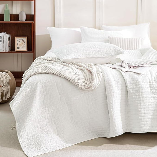 Sanracie Stonewashed Oversized Queen Quilt(102"x118"), Cotton Milk White Quilt Coverlet Sets 3Pcs Ultra Soft Crinkle Cross Stitch Bedspread Sets for All Season