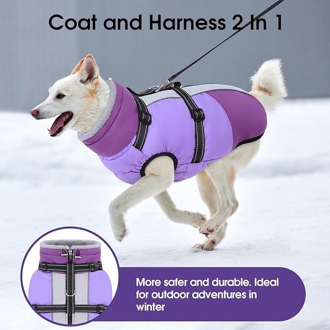 SUNFURA Dog Coat, XXXL Dog Jacket with Harness Built in, Waterproof Pet Winter Coat Snowsuit with Zip, Reflective Fleece Jacket for Extra Large Dogs, Great Dane, Purple 3XL