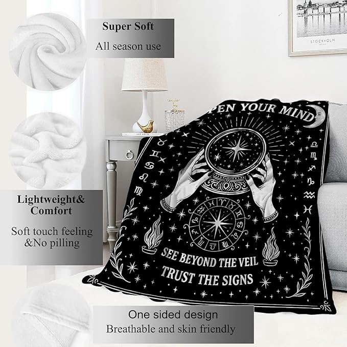 Black White Tarot Zodiac Signs Blanket Halloween Holiday Decor Occult Throw Gifts for Adults Lightweight Soft Fleece Divination Crystal Ball Blankets for Sofa Couch Witchy Decoration 40x50in