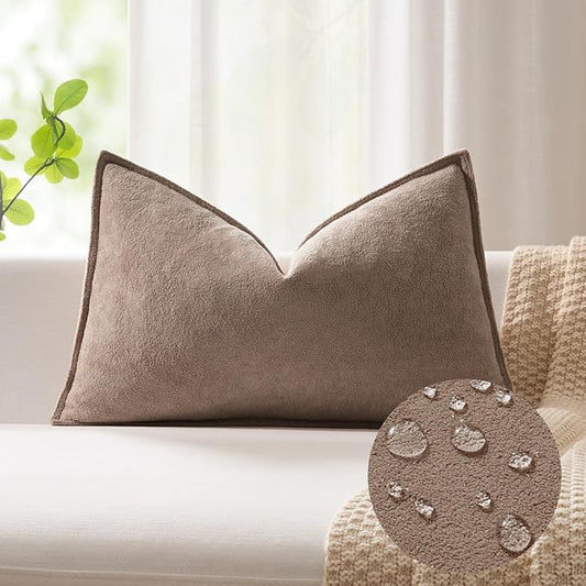 Kevin Textile 14x20 Inch Lumbar Pillow Cover 1 Pack Soft Boucle Textured Decorative Waterproof Rectangle Cushion Elegant Accent Pillow for Couch Sofa Chair Bed Home Decor Indoor Outdoor Taupe