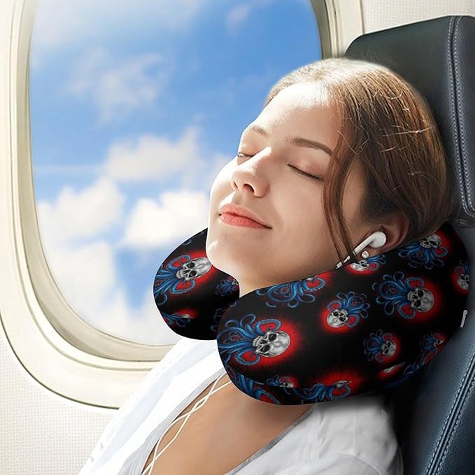 Youth Travel Neck Pillow Soft Memory Foam Chin Support Abstract Skull Octopus Tentacles, Washable Cover for Boys Girls Airplane Car School Rest