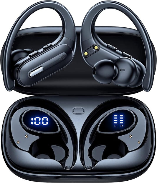 Active Noise Cancelling Wireless Earbuds Bluetooth Headphones 90 Hrs Playtime Ear Buds with Hi-Res Stereo Deep Bass Power Display Earphones with Earhooks Waterproof Transparency Headset for Sports/Gym