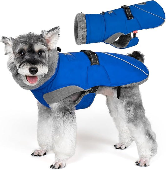 KYEESE Waterproof Dog Coat, Warm Windproof Jacket, Turtleneck Winter Dog Coats for Small Dogs with Leash Hole, Reflective Pet Clothes & Outdoor Apparel, Thick Fleece-Lined Winter Jacket, Blue, Large