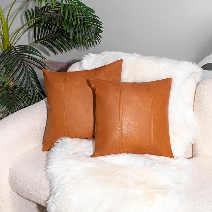 Faux Leather Throw Pillow Cover 16X16 Inch Set of 2 Brown Outdoor Modern Farmhouse Solid Decorative Pillow Covers for Room Couch Living Bedroom Bed Sofa