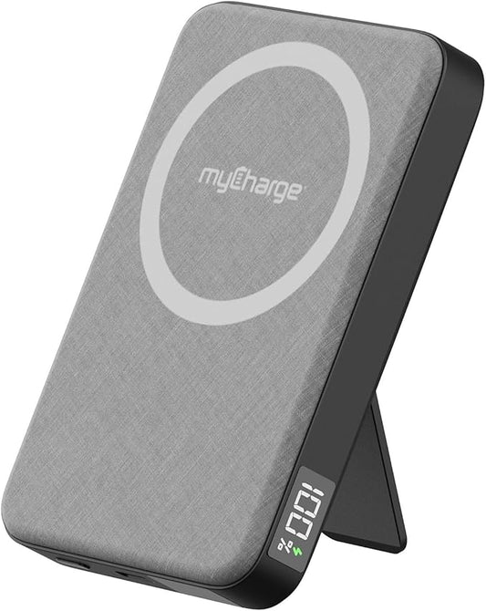 myCharge CliqLuxe Magnetic Wireless Power Bank 10,000mAh | iPhone & MagSafe Compatible | Qi2.2 25W Mag Safe Portable Charger | Built-in Stand | 20W PD USB-C Port | Premium Grey Fabric