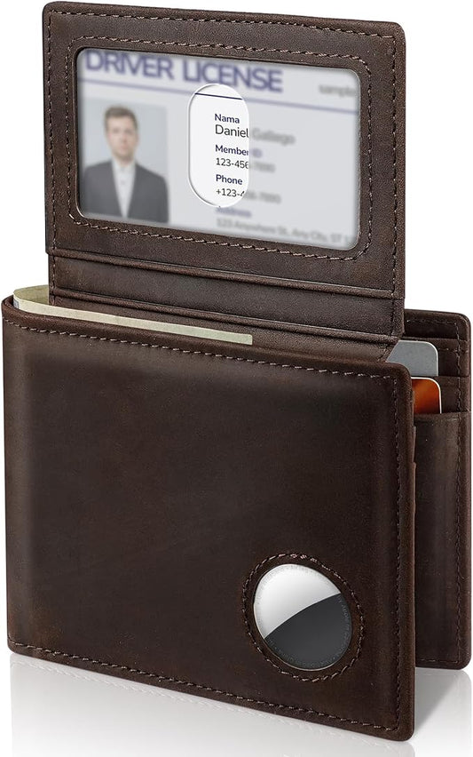 Mens Wallet With AirTag Holder, Bifold Leather RFID Blocking 1-2 ID Windows 12-13 Card Holders, Gift Box and Screen Protector Included, AirTag Not Included
