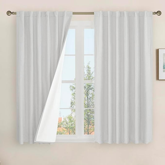 LAMIT Light Grey Linen Full Blackout Window Curtains for Bedroom, 54 Inches Thermal Farmhouse Curtains Back Tab and Rod Pocket Privacy Protected Burlap Panels with White Liner, 2 Panels, 52 x 54 Inch