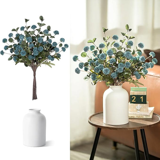BLOSMON Blue Flowers Artificial for Decoration: Ceramic Vase with 12 Stems of Dusty Blue Flowers Fake Mums Kiku Eucalyptuses for Home Table Centerpieces - Faux Pom Poms Floral Arrangement Dining Room