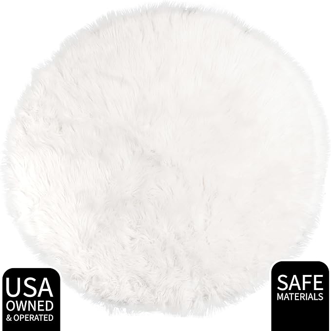 White Fluffy Faux Fur Rug, 3 ft Round – Soft and Cozy Circle Carpet for Kids Room, Nursery, Bedroom, or Living Room – Plush Shaggy Area Rug for Home Decor