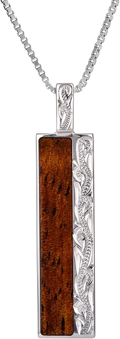 Aloha Jewelry Company 925 Sterling Silver Hawaiian Heirloom Scroll Koa Wood Bar Necklace Pendant with 18" Box Chain, Nickel Free Hypoallergenic for Sensitive Skin, Gift Box Included