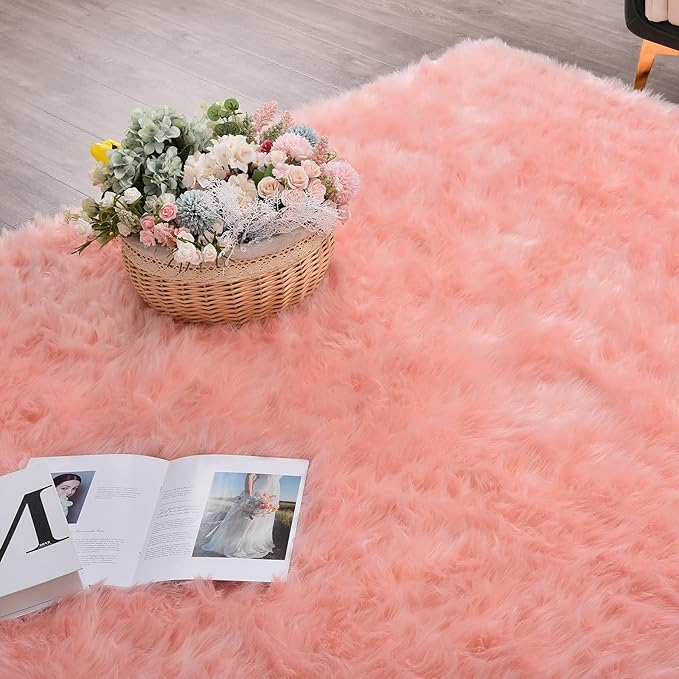 Pink Shag Washable 5x7 Area Rugs for Living Room Big Fluffy Sheepskin Fur Rug for Bedroom Shaggy Nursery Rug