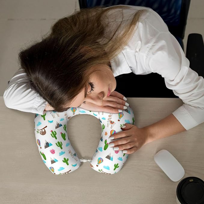 Travel Neck Pillows for Sleeping Rest Car Airplanes Sloth Llamas Cactus Pattern White, Memory Foam with Removable Breathable Zipper Cover Washable for Men Women