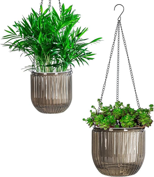 Josteve 5.2/8.2 Inch 2 Pcs Self Watering Hanging Planter Indoor Plant Pots Drainage Holes, Outdoor Small Hanging Planters Flower Pot Basket, Visible Water Level, Plant Hanger Home Decor, Gardening