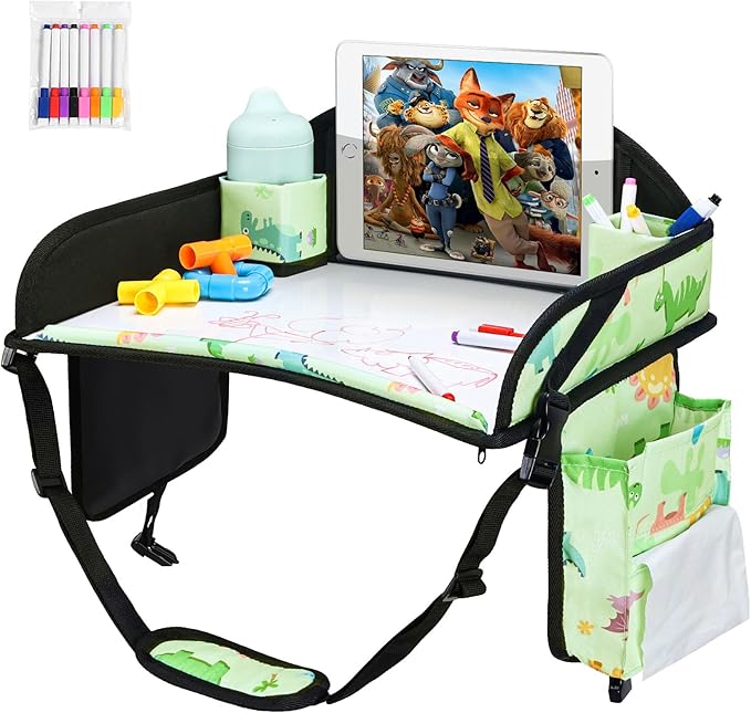 WENRENER 2PCS Kids Travel Tray, Car Seat Tray for kids Travel, Toddler Road Trip Essentials With Drawing Kit, Toddler Lap Desk Organizer for Car, Carseat Table for Airplane