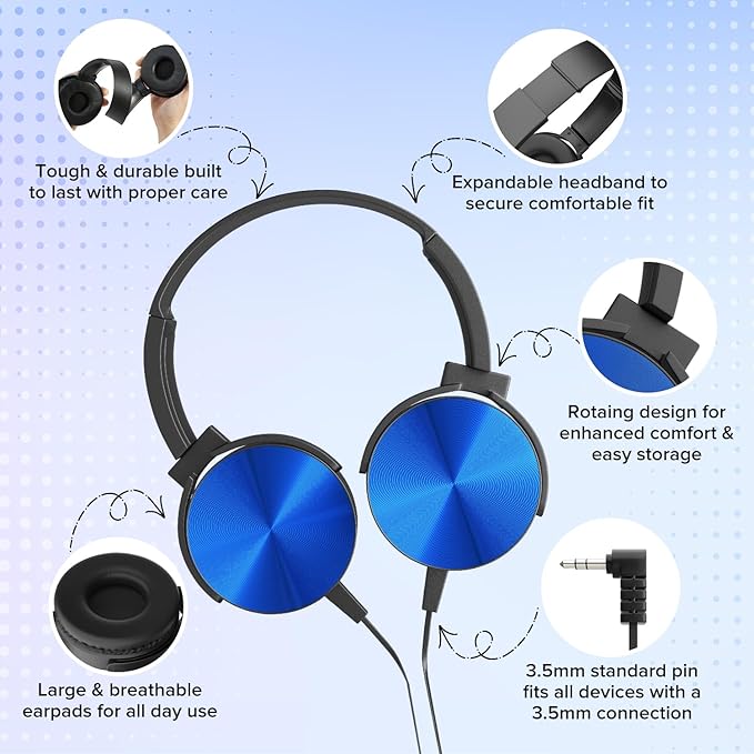 Kids Headphones Bulk 5 Pack Mixed Colors,On-Ear Premium Student Bulk Headphones,Comfy Swivel Earphones for Classroom School Library Airplane,Noise Stereo Sound 3.5mm Jack(HTC004)