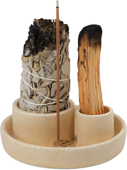 4 in 1 Incense Holder, Ceramic Incense Stick and Palo Santo Holder,Sage Holder for Burning- 4.25" Ceramic Ash Catcher Tray for Meditation and Yoga Room (Sand)