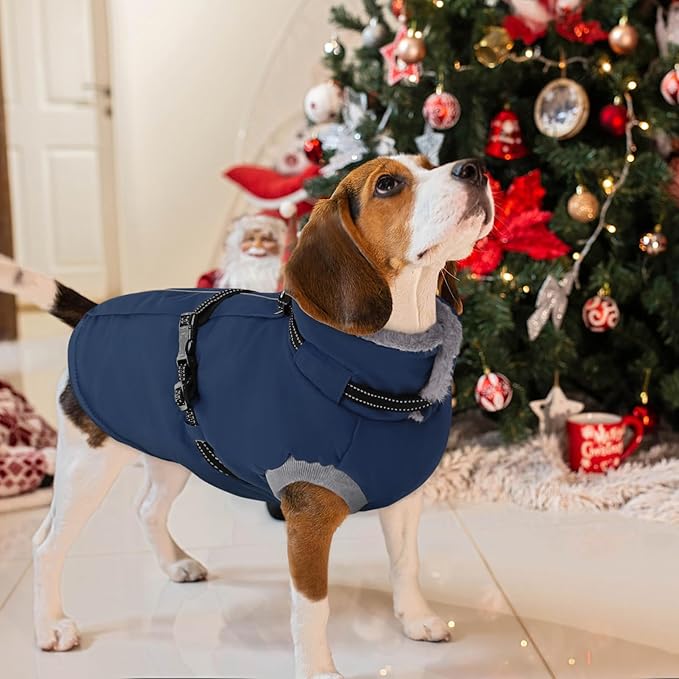 AOFITEE Small Dog Coat with Harness Built in, Fleece Dog Winter Jacket, Reflective Puppy Winter Coat with Zipper On Back, Warm Turtleneck Pet Sweater Windproof Puffer Jacket for Chihuahua, Yorkie, XS