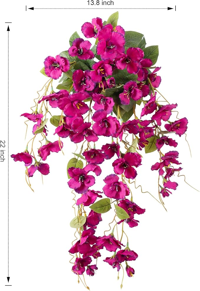Fake Hibiscus Artificial Hanging Flowers Plants for Outdoors Spring Decoration, 2pcs Silk Hibiscus Vines Realistic UV Resistant Faux Flowers for Outside Planter Porch Patio Yard Wedding Party, Fuchsia