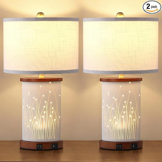 Set of 2 Ceramic Table Lamps with 3 Color Temperatures, Nightstand Table Lamps with AC Outlet, USB A & C Charging Port, Bedside Lamps for Living Room, Bedroom, Office Reading, Walnut