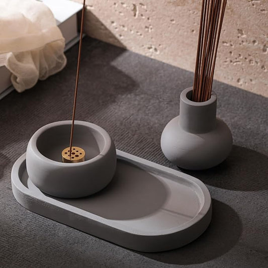Concrete Incense Burner Set with Holder and Tray,Multifunction Incense Holder for Burning Sage,Palo Santo,Incense Sticks,Ideal for Meditation Home Decor(Grey)