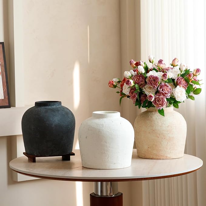 Large Ceramic Vase, 11" Rustic Farmhouse Terracotta Vase for Home Decor, Handicraft Decorative Flower Vase for Living Room, Table Centerpiece, Bedroom (Rustic Beige)