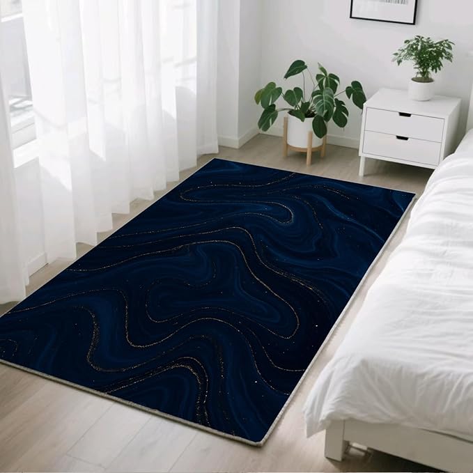 Luxury Marble Rug - 3x4 Rug, Navy Blue Marble Outdoor Rugs, Modern Abstract Entryway Rugs, Washable & Non Slip Carpet Home Decor