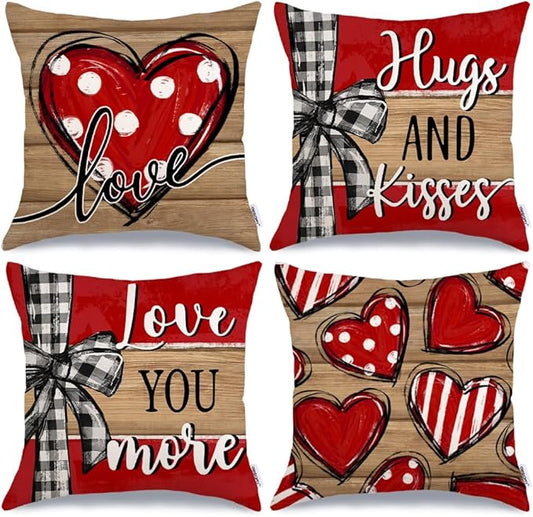 GEEORY Valentine's Day Love You More Hugs and Kisses Throw Pillow Covers 20x20 Inch Set of 4, Red Hearts Stripes Decorative Farmhouse Wedding Cushion Case for Home Decoration G652-20