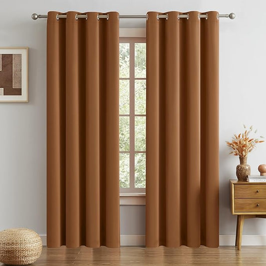 DUALIFE Caramel Brown Blackout Curtains for Bedroom - 96 Inch Long Curtains Floor to Ceiling Thermal Insulated Privacy Assured Drapes 2 Panels Set, Dark Oak Vintage Decor 52 Inch Wide Grommet Top