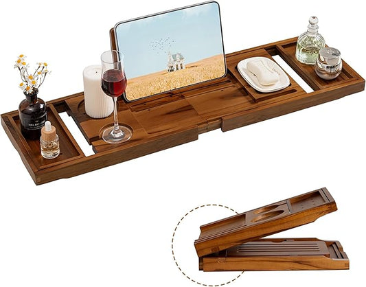 Teak Bathtub Tray, Luxury Bath Table Tray with Wine Glass and Phone Holders & Book Stand, Foldable Wooden Bathtub Caddy for Home Spa Relaxation, Bath Gift for Women（Natural Teak）