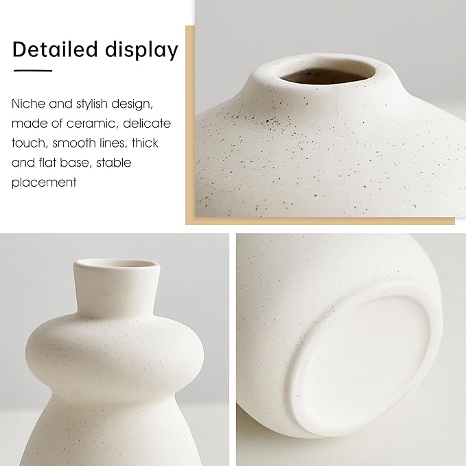 White Ceramic Vase Set of 3 Small Flower Vases for Home Decor, Modern BohoVase for Pampas Grass, Round Decorative Vases Table Centerpieces for Wedding Living Room Shelf Coffee Table (White Vase - B)