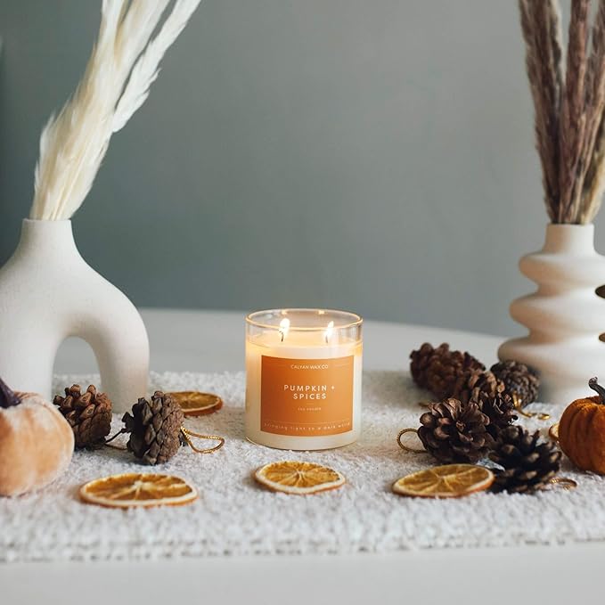Calyan Wax Co. Pumpkin & Spices 2 Wick Scented Candle - 37 Hour Burn - Luxury Non Toxic Soy Wax Candles - Long Lasting Large Glass Jar Candle for Home - 8.8oz