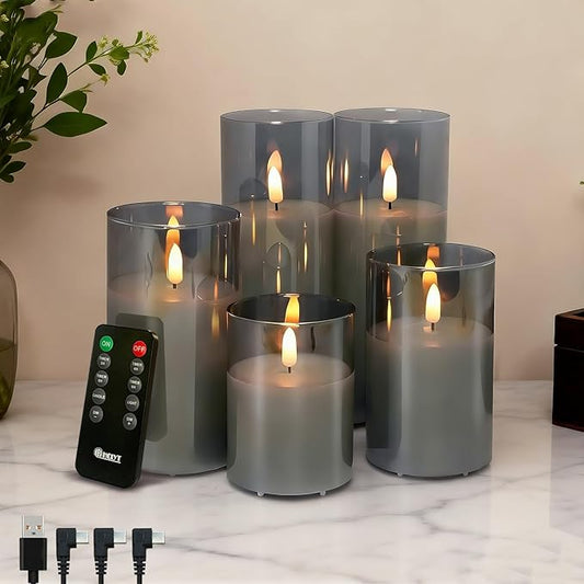 Rechargeable Flameless Candle, Flashing LED Pillar Real Wax Candle with Remote Control and Timer, Clear Glass Electronic Candles, 1 Set of 5（Gray）