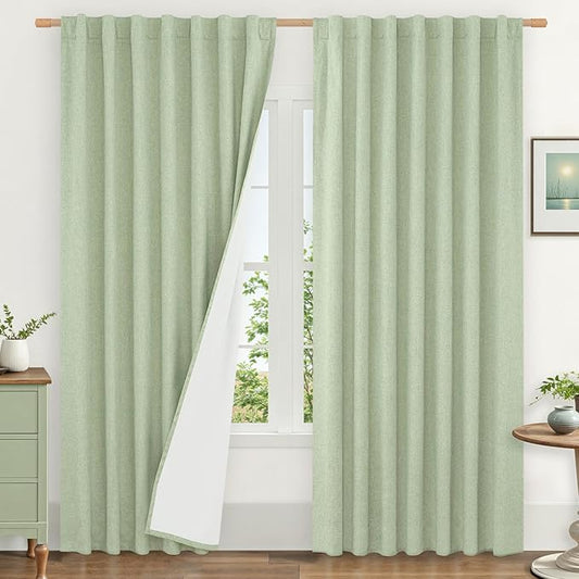 LAMIT 100% Blackout Linen Curtains 84 Inches Long, Living Room Farmhouse Drapes Full Room Darkening Back Tab and Rod Pocket Panels with White Liner, 2 Panels, Light Green, 60 x 84 Inch
