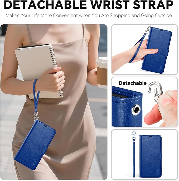 TUCCH 2-in-1 Detachable Wallet Case for iPhone 17 Pro (6.3-inch) 2025, RFID Blocking 4 Card Slot | Wireless Charging | Wrist Strap | Kickstand | Magnetic | PU Leather | Protective Cover | Klein Blue