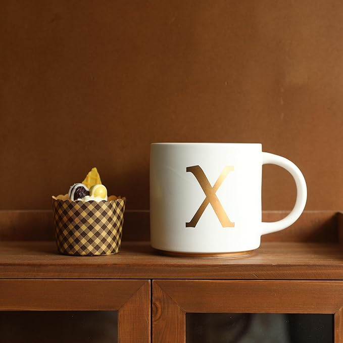 COLLECTIVE HOME - Monogram Ceramic Mugs, 15 oz Golden Initial Coffee Cups, Elegant Alphabet Tea Mugs, Elegant Personalized Mug with Gift Box, Unique Mug with Double Side Capital Letter (X)