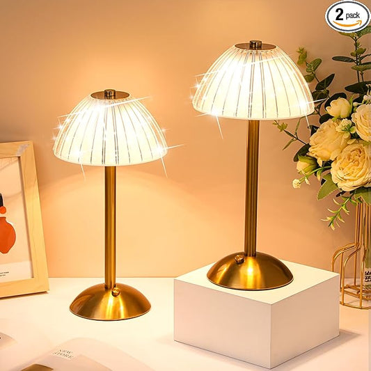 Liliful 2 Pcs Cordless Table Lamp Rechargeable Touch LED Small Gold Portable Battery Operated USB-c Desk Lamp 3 Color Dimmable for Bedroom Living Room Dining (Gold,Mushroom Style)