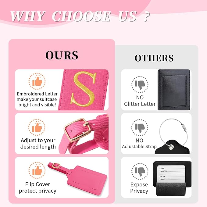 Personalized Initial Luggage Tags for Suitcase, Rose Red Leather Cute Luggage Tags with Privacy Cover Name Card, Embroidered Custom Monogram Luggage Tags Travel Backpack Tag Gifts for Women Kids(S)