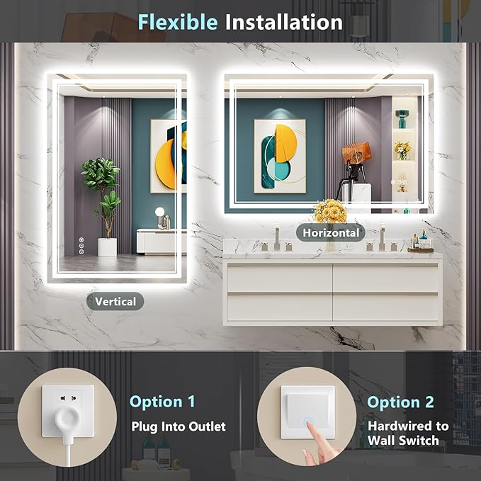48x30 LED Bathroom Mirror with Lights, Backlit + Front Lit, Anti-Fog Lighted Vanity Mirror for Bathroom Wall with 3 Colors, Dimmable, Memory, Shatter-Proof Tempered Glass, Horizontal/Vertical