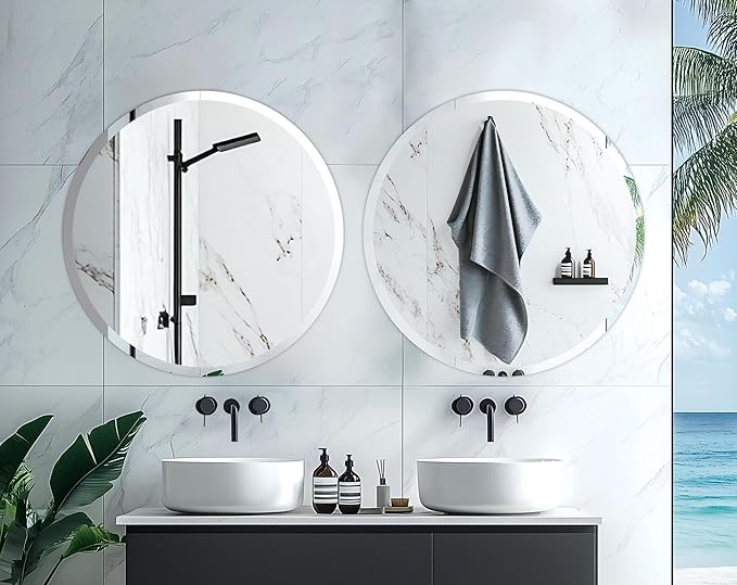 Frameless Round Wall Mirror: Decorative Mirrored Glass Vanity with Beveled Silver Edge for Bathroom Bedroom Livingroom Dining Room Entryway Hallway, 32 x 32 inch