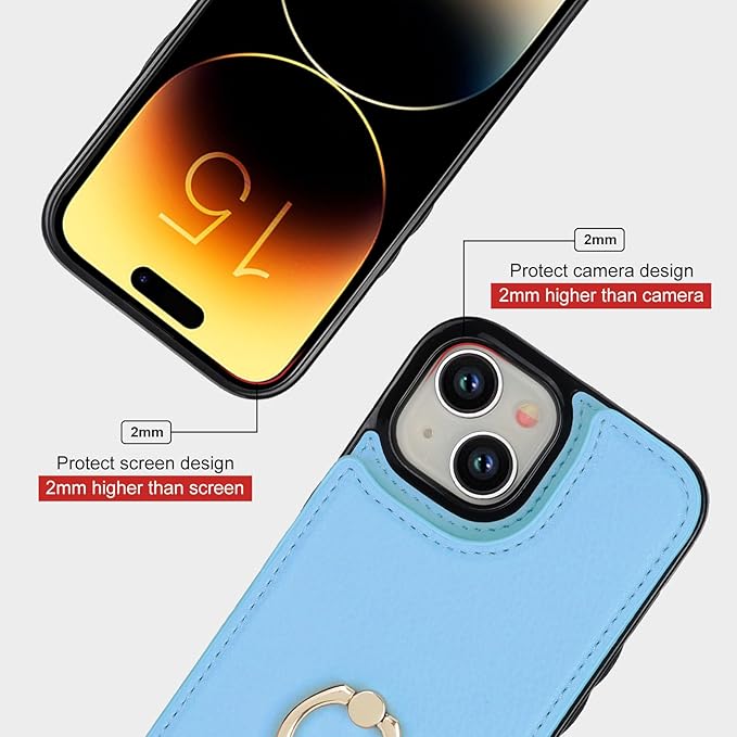 Folosu Compatible with iPhone 15 Case Wallet with Card Holder, 360°Rotation Finger Ring Holder Kickstand, RFID Blocking Leather Protective Double Buttons Shockproof Cover 6.1 Inch Blue