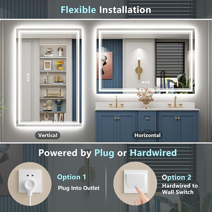 60x40 LED Bathroom Mirror with Lights, Backlit and Front Lit, Anti-Fog Lighted Vanity Mirrors for Bathroom Wall, Dimmable, 3-Color Light, Memory, Shatter-Proof, HD Tempered Glass, CRI＞90