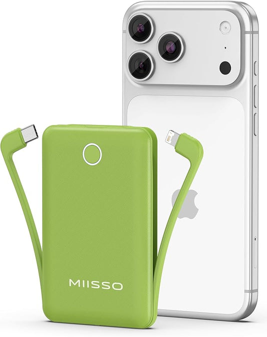 miisso 10000mAh Mini Portable Charger with Built in Cable, Pocket Size Power Bank Travel External Battery Pack for Phone, 3 Output USB Type C Cord Clutch Compatible with iPhone, Samsung, Green