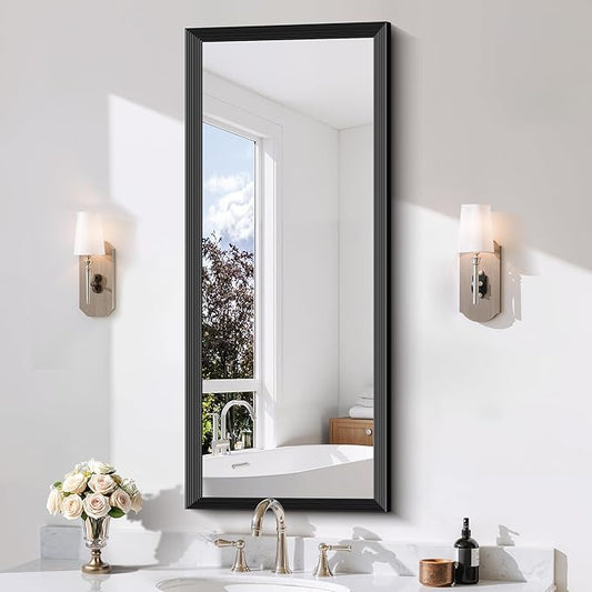Black Bathroom Mirror 20 x 48 Inch Rectangle Wave Beveled Frame for Wall Bathroom Vanity Mirror for Over Sink, Tempered Glass,for Entryway Hangs, Bathroom Living Room Horizontal or Vertical