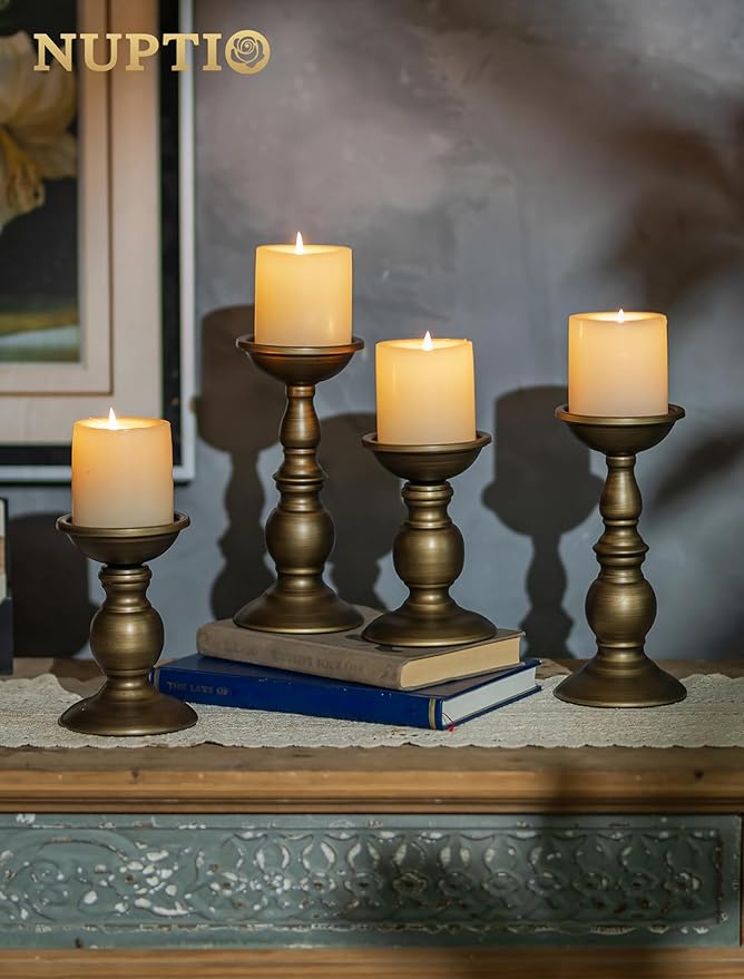 Bronze 2 Pcs Iron Pillar Candle Holders, Most Ideal for 3" Pillar Candles, Gifts for Wedding, Party, Home, Spa, Reiki, Votive Candle (2 x L)
