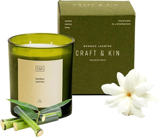 Craft & Kin 12oz Bamboo Jasmine Candle for Home | Premium Green Scented Candles for Men | Winter Candles Made with Natural Soy | Holiday Candle Gifts for Men and Women | Nature Collection