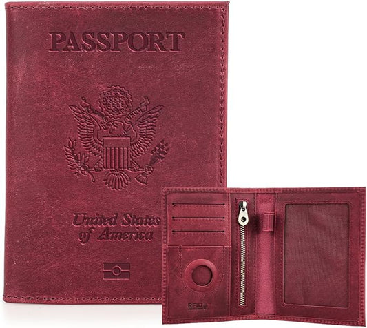 CONTACTS Full Grain Leather Airtag Passport Holder RFID Blocking Travel Passport Wallet Slim Passport Cover Case with 4 Cards Slots, Coin Pocket (Badge, Wine Red)