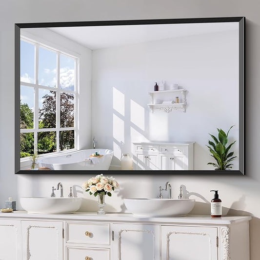 Black Bathroom Mirror 60 x 40 Inch Rectangle Wave Beveled Frame for Wall Bathroom Vanity Mirror for Over Sink, Tempered Glass,for Entryway Hangs, Bathroom Living Room Horizontal or Vertical