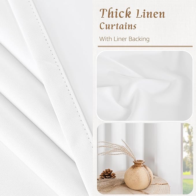 LAMIT White 100% Blackout Linen Curtains 84 Inches Long, Linen Textured Living Room Bedroom Curtains Full Room Darkening Back Tab and Rod Pocket Panels with White Liner, 2 Panels, 38 x 84 Inch