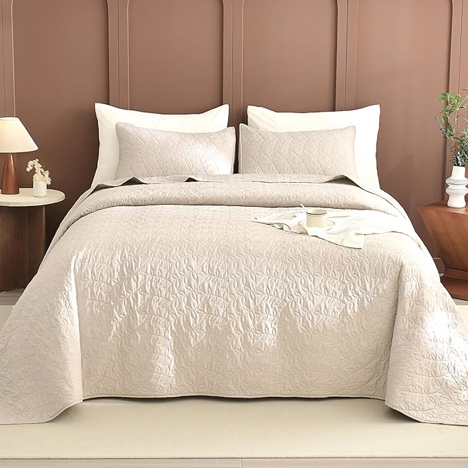 Sanracie California King Quilt Set 128"x 120", Wheat Colored 100% Cotton Oversized King Bedspread Coverlet Set Leaves Quilting 3Pcs Extra Large Wide Quilt Bedding Set for All Season Lightweight Soft